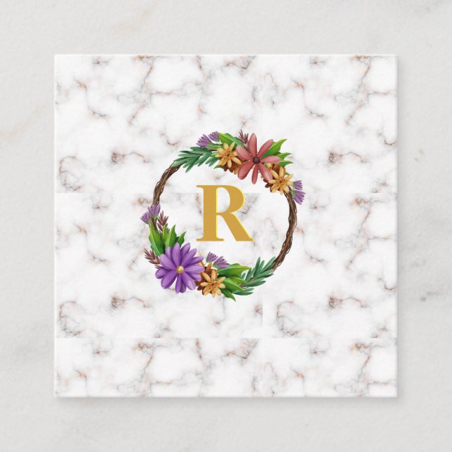 Floral Wreath Initial Letter Monogram Name Marble Square Business Card (Front)