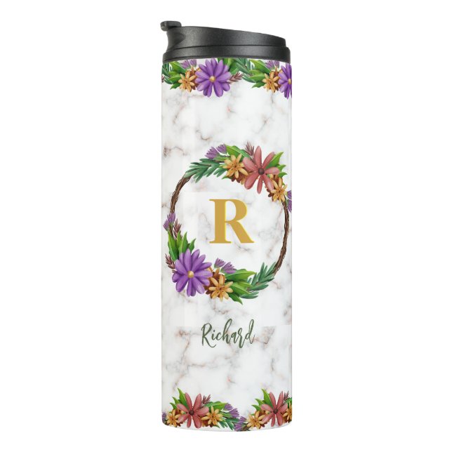 Floral Wreath Initial Letter Monogram Name Marble Thermal Tumbler (Rotated Right)