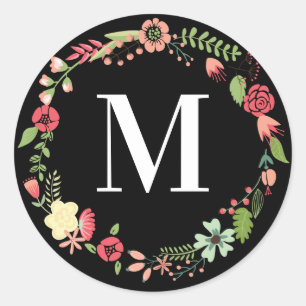 Floral Wreath Initial Personalise Classic Round Sticker