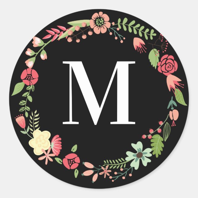 Floral Wreath Initial Personalise Classic Round Sticker (Front)