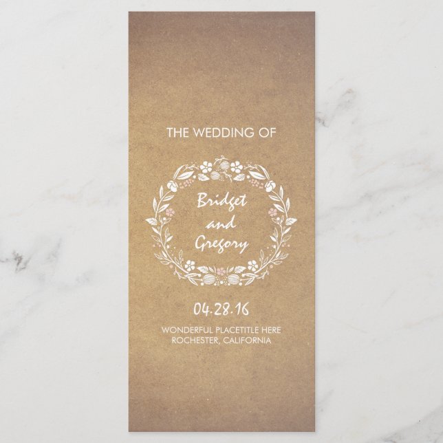 floral wreath kraft style wedding programs programme (Front)