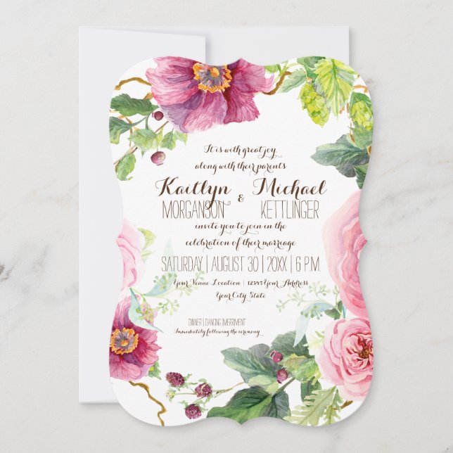 Floral Wreath Leaf Bracket Raspberry Roses Peonies Invitation (Front)