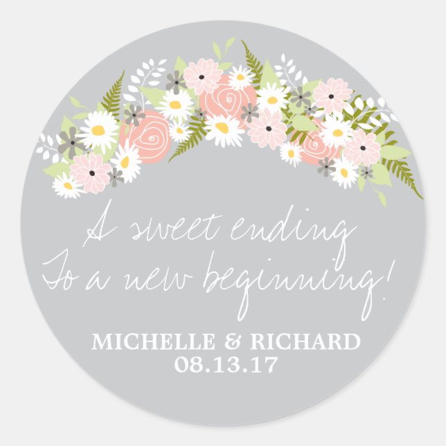 Floral Wreath Light Grey Wedding Classic Round Sticker (Front)