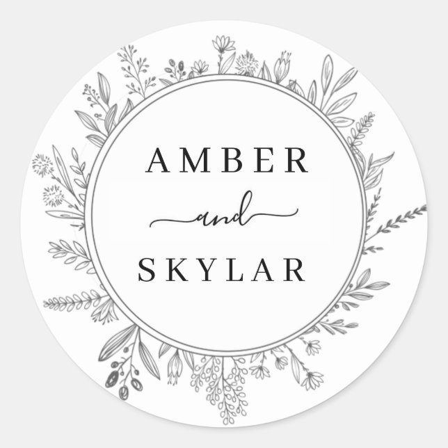 Floral Wreath Modern Round Wedding Sticker (Front)