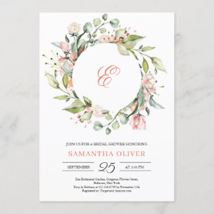 Floral wreath monogram blush floral Bridal Shower Invitation