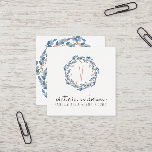 Floral Wreath Monogram Business Card (Front/Back In Situ)