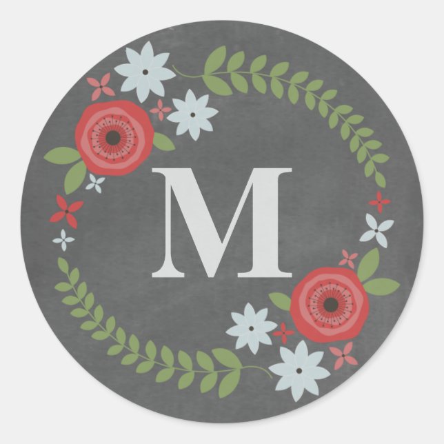 Floral Wreath Monogram Chalkboard Inspired Sticker (Front)