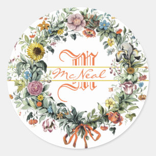 Floral Wreath Monogram Classic Round Sticker