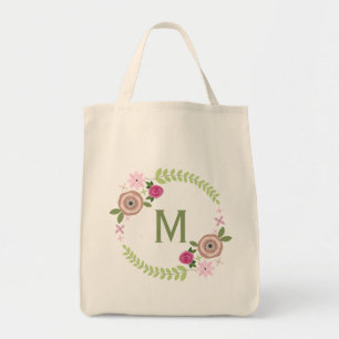 Floral Wreath Monogram Grocery Tote Bag