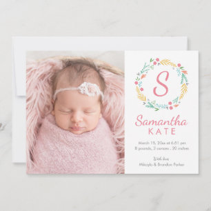Floral Wreath Monogram Horizontal Birth Announcement