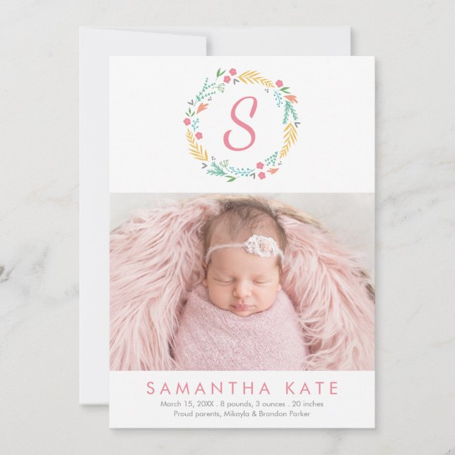 Floral Wreath Monogram Modern Photo Birth Announcement (Front)