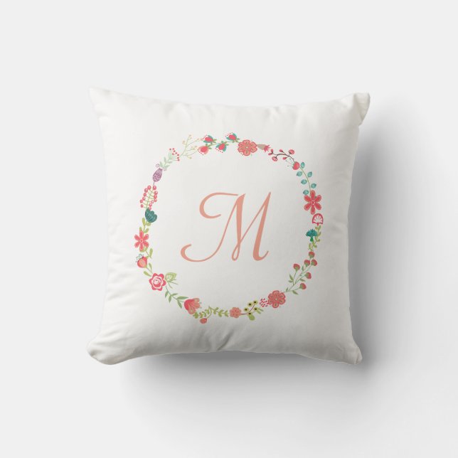 Floral Wreath Monogram Throw Pillow (Front)