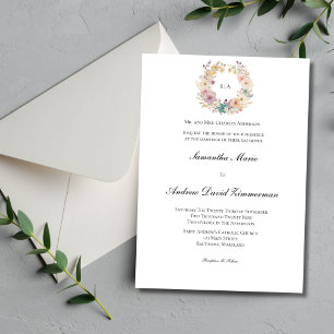 Floral Wreath Monogram Traditional Formal Wedding  Invitation