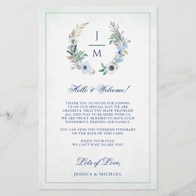 Floral Wreath Monogram Wedding Welcome Itinerary (Front)