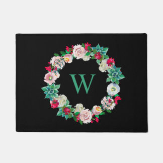 Floral Wreath Monogrammed Black Doormat