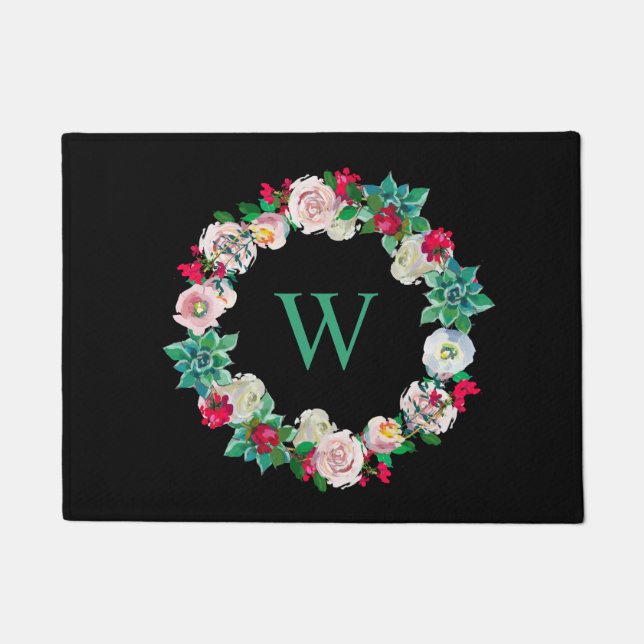 Floral Wreath Monogrammed Black Doormat (Front)