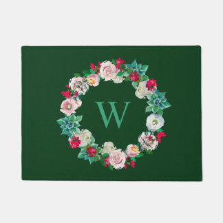 Floral Wreath Monogrammed Green Doormat