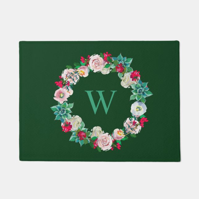 Floral Wreath Monogrammed Green Doormat (Front)
