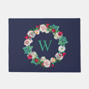 Floral Wreath Monogrammed Navy Blue Doormat