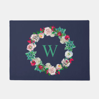 Floral Wreath Monogrammed Navy Blue Doormat