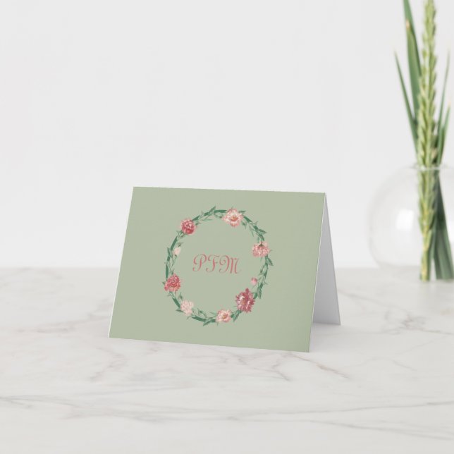Floral Wreath Monogrammed Personalised Stationery Note Card (Front)