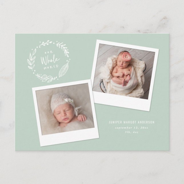 Floral wreath multi photo birth announcement postcard (Front)