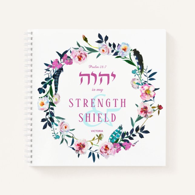 Floral Wreath Named Bible Quote YHVH Pink Notebook (Front)