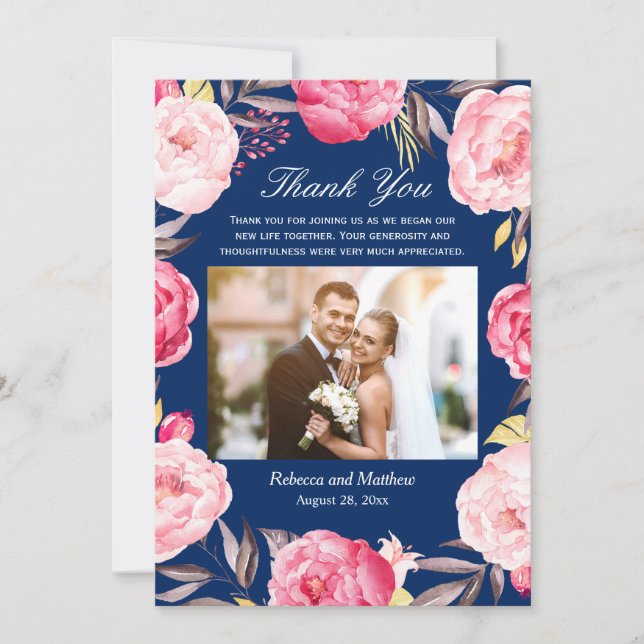Floral Wreath Navy Blue Photo Wedding Thank You (Front)