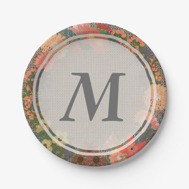 Floral Wreath on Faux Burlap Monogram Paper Plate (Front)