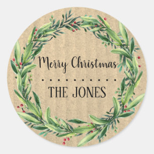 Floral Wreath Personalised Christmas Classic Round Sticker