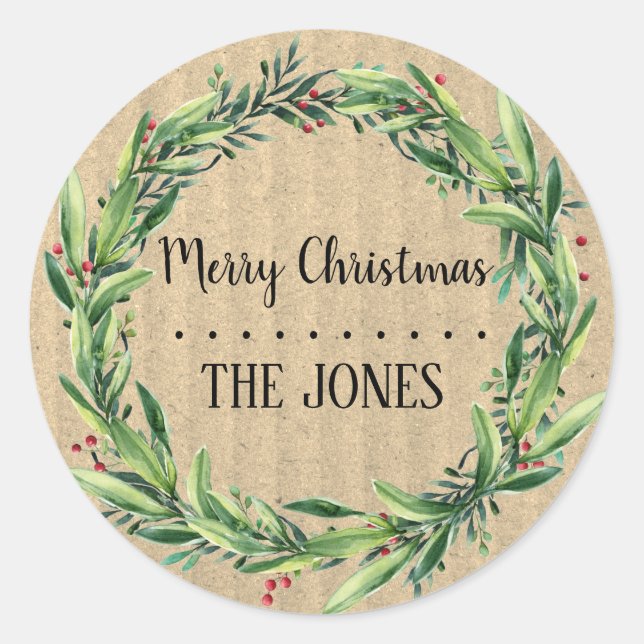 Floral Wreath | Personalised Christmas Classic Round Sticker (Front)