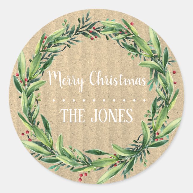 Floral Wreath | Personalised Christmas Classic Round Sticker (Front)
