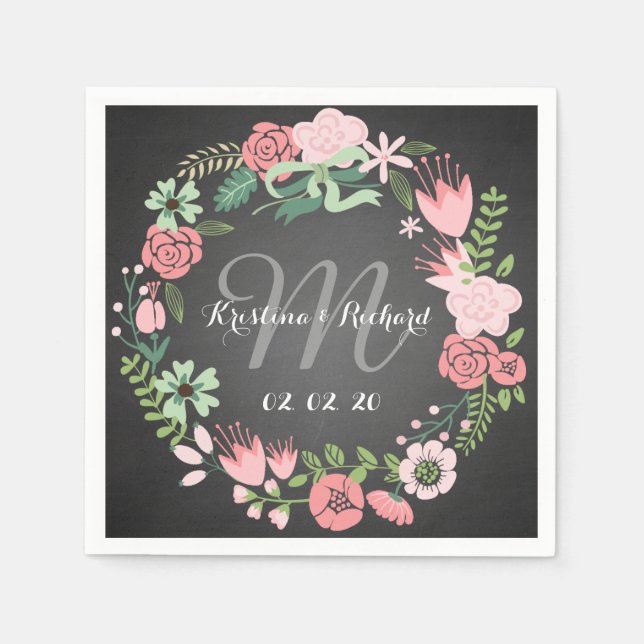 Floral Wreath Personalised Wedding Paper Napkins (Front)
