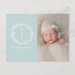 Floral wreath photo birth announcement postcard
