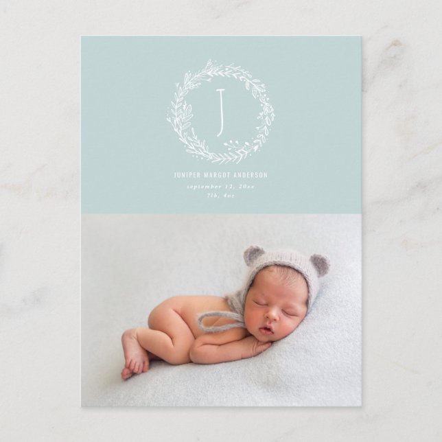 Floral wreath photo birth announcement postcard (Front)