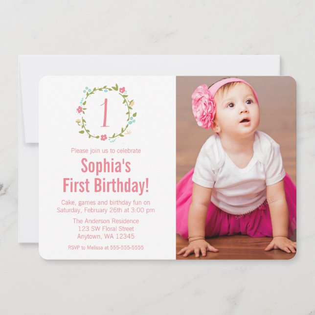 Floral Wreath Photo Girl 1st Birthday Invitation (Front)