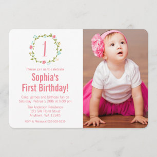 Floral Wreath Photo Girl 1st Birthday Invitation
