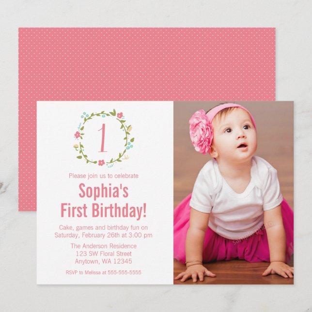 Floral Wreath Photo Girl 1st Birthday Invitation (Front/Back)