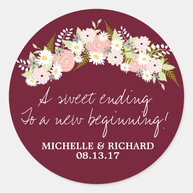 Floral Wreath Pink and Burgundy Wedding Classic Round Sticker (Front)