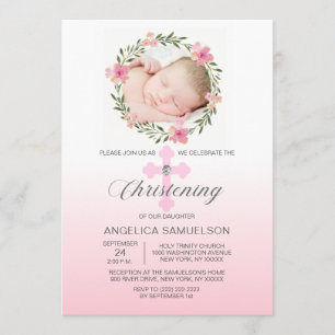 Floral Wreath Pink CHRISTENING GIRL PHOTO Invitation
