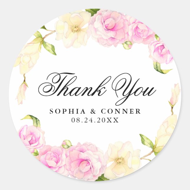 Floral Wreath Pink Cream Wedding Classic Round Sticker (Front)