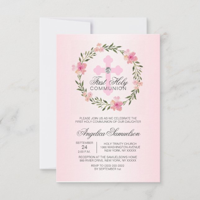 Floral Wreath Pink First Holy Communion GIRL Invitation (Front)