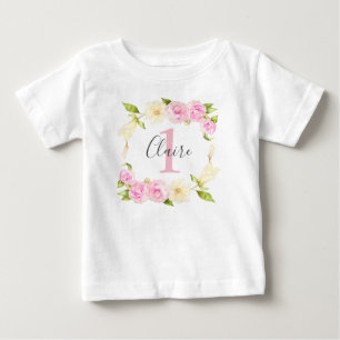 Floral Wreath Pink Girl First Birthday Baby T-Shirt