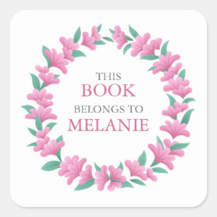 Floral Wreath Pink Green Bookplate Sticker