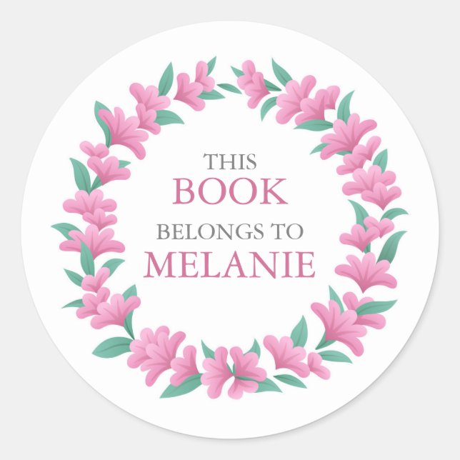 Floral Wreath Pink Green Bookplate Sticker (Front)