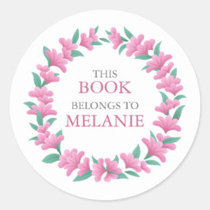 Floral Wreath Pink Green Bookplate Sticker