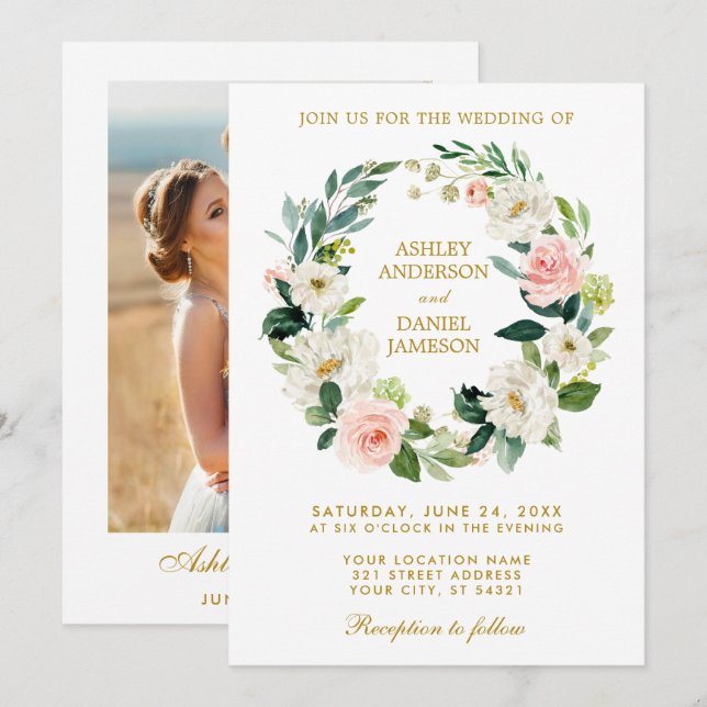 Floral Wreath Pink White Gold Photo Wedding Invitation (Front/Back)