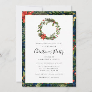 Floral Wreath Plaid Christmas Party Tartan Invitation