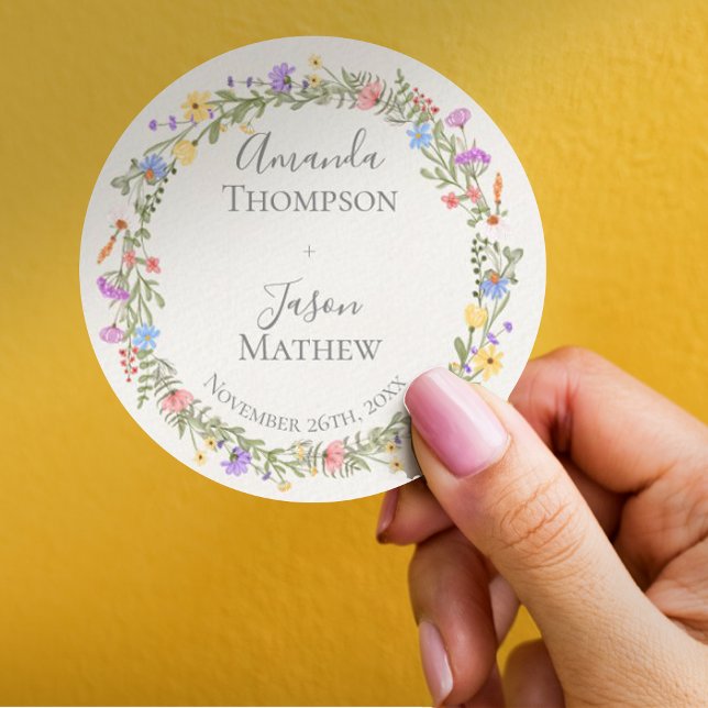 Floral Wreath Purple Blush Pink wildflower Wedding Classic Round Sticker (Creator Uploaded)