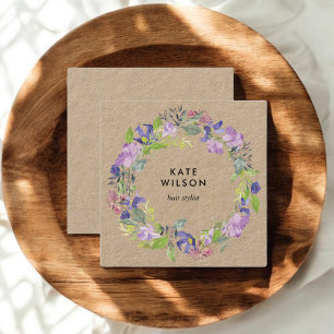 Floral Wreath Purple Flowers Kraft Square Business Card